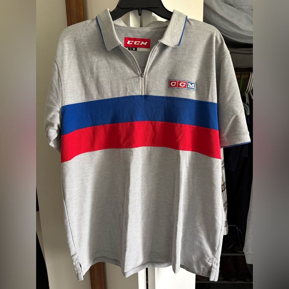 CCM Hockey Men's XL Gray Polo Shirt with Red and Blue Stripes Zip neckline